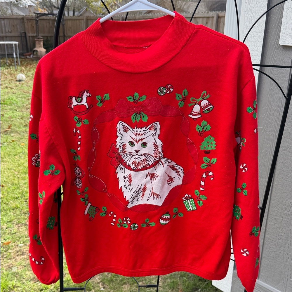 Vintage 80’s Red Christmas Cat Sweater